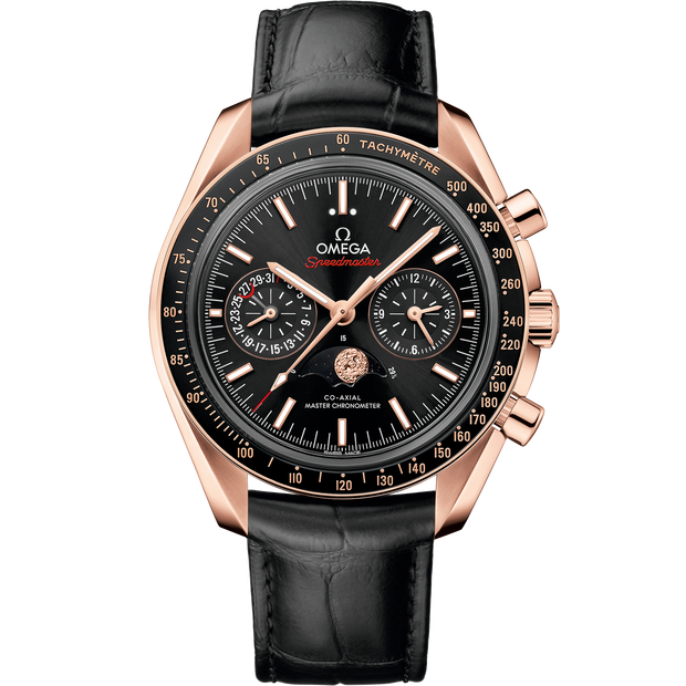 Omega Speedmaster Moonphase 44.25 mm, Sedna™ gold on leather strap