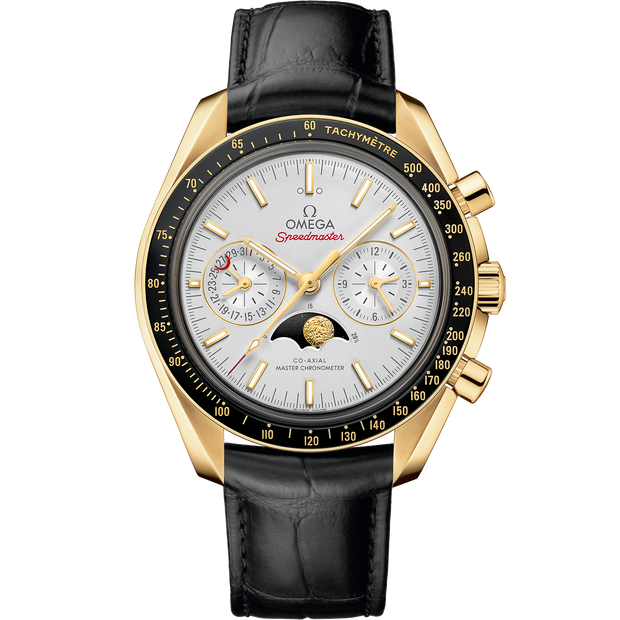 Omega Speedmaster Moonphase 44.25 mm, yellow gold on leather strap