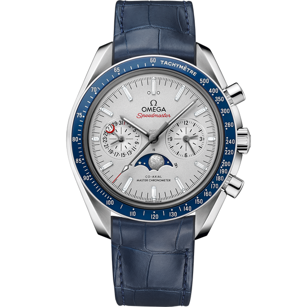 Omega Speedmaster Moonphase 44.25 mm, platinum on leather strap